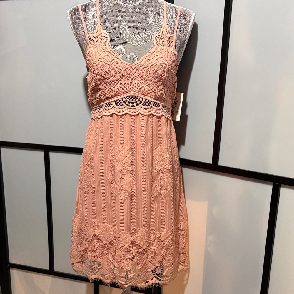 Miss Chievous Blush Lace Spaghetti-Strap Mini Dress